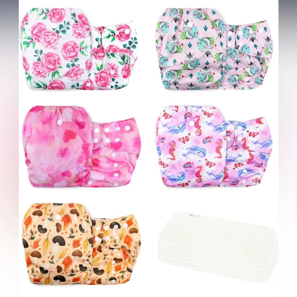 wegreeco Cloth Diapers 5 Pack with 5 Inserts, Washable, Reusable
